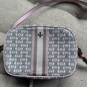 Tory Burch Canvas Gemini link, pink and ivory.